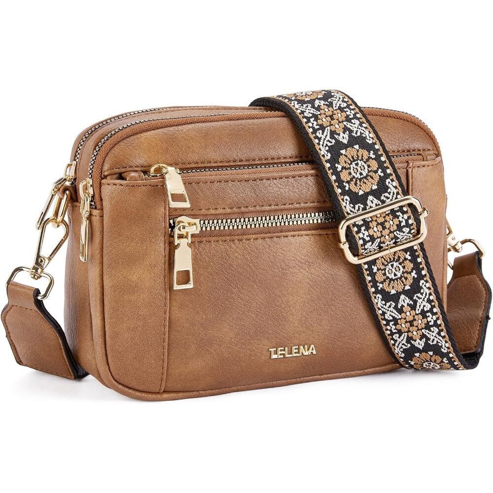 Telena Women Camel Brown Vegan Leather Shoulder Handbags With Adjustable Strap